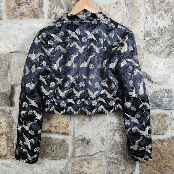 Lisa Von Tang Stork Crane Jacquard Brocade Cropped Jacket Coat - Picture 8 of 11
